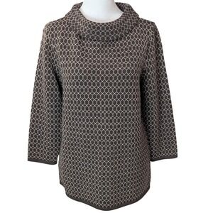 Talbots 100%‎ Merino Wool Sweater Medium Petite Brown Geometric Cowl 3/4 Sleeve